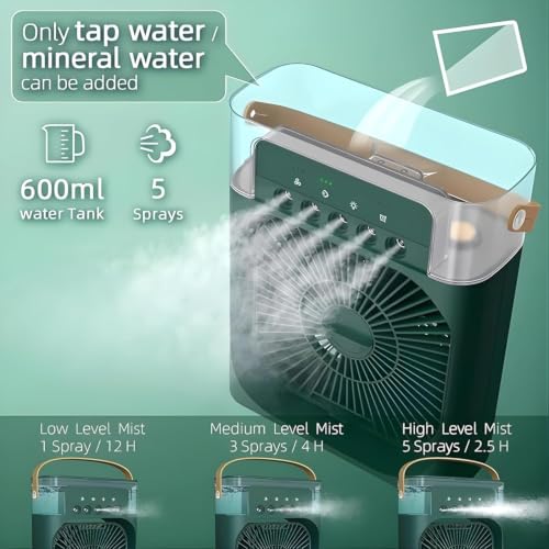 Image of DRUMSTONE (Luxurious 5 Year Warranty) Portable Mini Air Cooler with Mist Function, USB Powered Desk Fan, 600ml Water Tank, 3 Fan Speeds, 7-Color LED Light, Timer Function GREEN