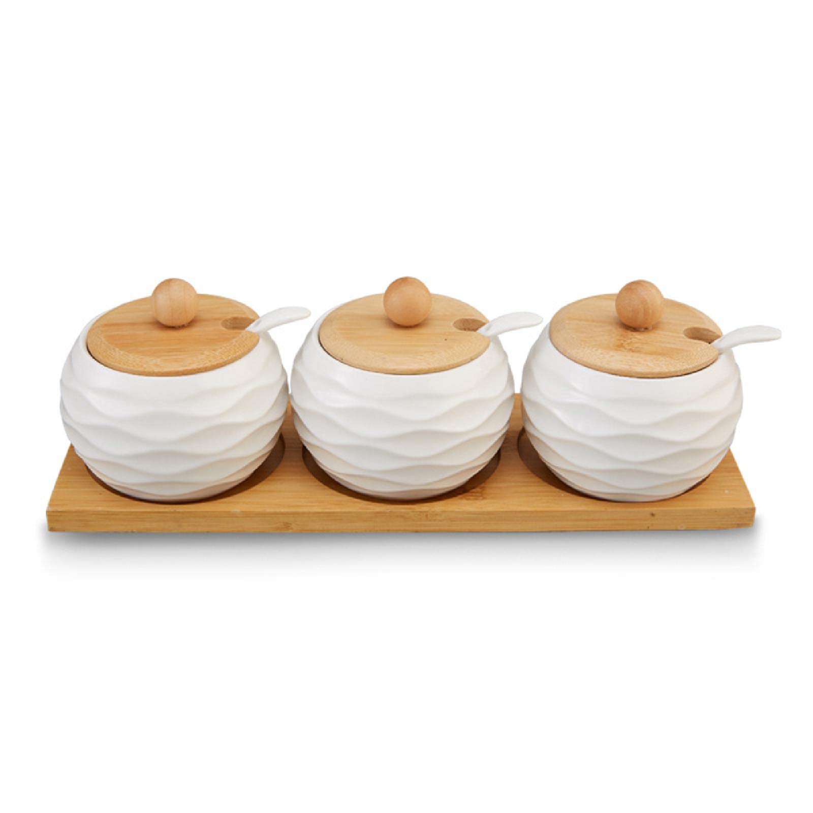 Set di vasetti per spezie in ceramica con vasetti da portata e supporto in bambù per zucchero, servire, tè, caffè, spezie, sale