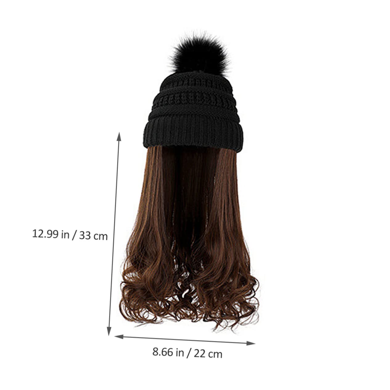 Gorro De Punto Negro Con Peluca Desmontable De Ondas Largas Castañas Cálido Gorro Invierno Con Pompón Ni Costuras Para Mujer Elegante y Protección Contra Frío