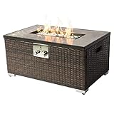 Catalina Creations Outdoor Fire Table Propane Fire Pit Rattan Gas Fire Table 32'', 40,000 BTU Gas Fire Tables with Tile Tabletop, Rectangle Gas Firepit Table for Garden Patio