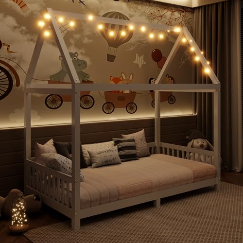 SOFTSEA Twin Montessori Bed Frame with Fence Twin Size House Floor Bed Low Bed Frame with LED Lights for Kids