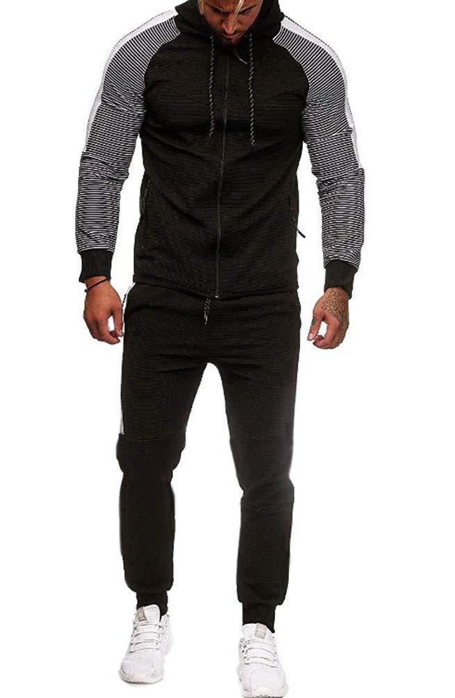 Męski dres treningowy w paski z igłami, krój slim fit, modny dres treningowy, spodnie do joggingu + bluza z kapturem, zestaw zimowy trend, czarny, 3XL