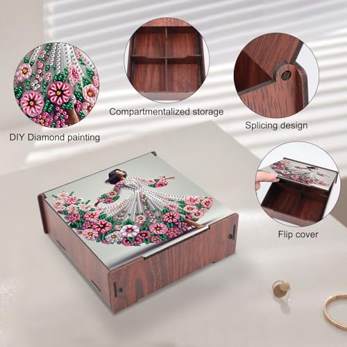 Image of DIY Diamond Art Storage Box, Flower Lady Design Wooden Diamond Painting Case with Flip-Top Lid and 4 Divided Compartments, Desktop Craft, Jewelry and Accessories Supplies Storage Container
