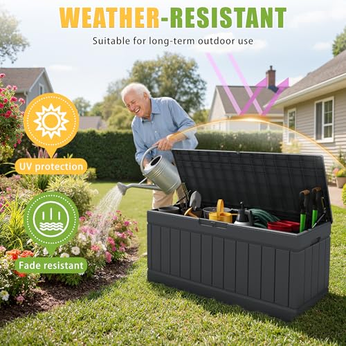 Image of Greesum Outdoor Storage Box 82 Gallon Storage Bin with Lid for Patio Furniture, Garden Tools, Pool Supplies, Waterproof and UV Resistant, Lockable, Gray