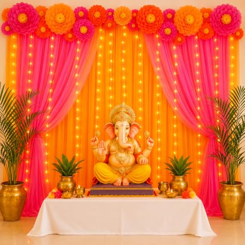 CrystalSylara Indian Pooja Backdrop Decoration Set Diwali Backdrop 4 Yellow Hot Pink Tulle Drapes and 12 Paper Flowers Mehndi Home Decorations for Varalakshmi Haldi Puja Festival Decor
