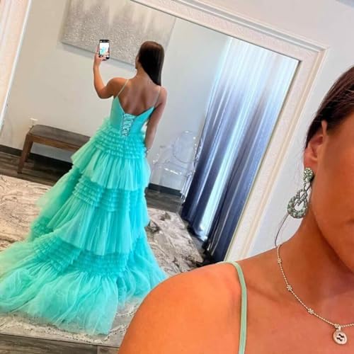 Tiered Tulle Prom Dresses with Slit Spaghetti Straps Glitter Formal Party Evening Gowns for Women3