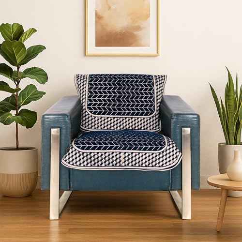 Image of Premium Chenille Woven Anti-Slip 1 Seater Sofa Cover | L-Shape Sofa Seat Protector for Living Room | Durable & Stylish Slipcover - Navy Blue - 3D