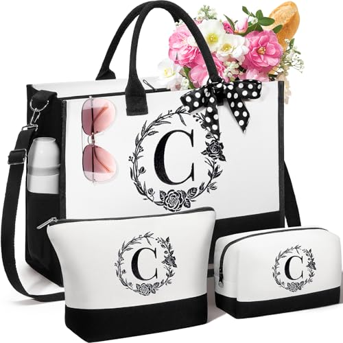 Image of Personalized Gifts for Women, Initial Canvas Tote Bag & Makeup Bag Monogrammed Beach Tote Bags for Women w / Zipper, Christmas Birthday Gifts for Mom Wife Girlfriend Sister Best Friend Daughter Teacher