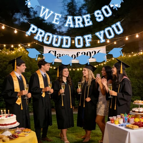 Image of We Are So Proud Of You Banner Graduation Party Decorations Congrats Grad Cap Garlands Wall Sign Light Blue White