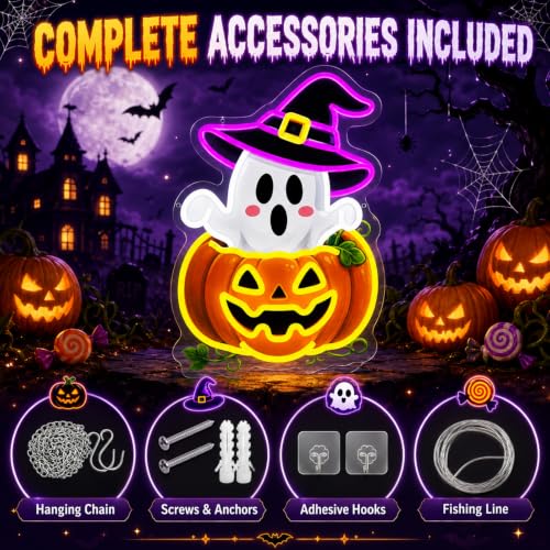 Image of Halloween Neon Sign, Dimmable Cute Ghost Pumpkin LED Lights for Wall Decor | Spooky Ghost Pumpkin Neon Light Sign for Bedroom, Game Room, Window, Home Bar, Haunted House, Halloween Party Decor & Gifts
