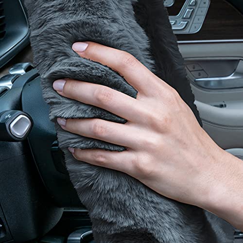 Image of FH Group Universal Fit Doe16 Faux Rabbit Fur Cozy Steering Wheel Cover fits Most Cars, SUVs, Trucks, and Vans, Ultimate Protection Gray