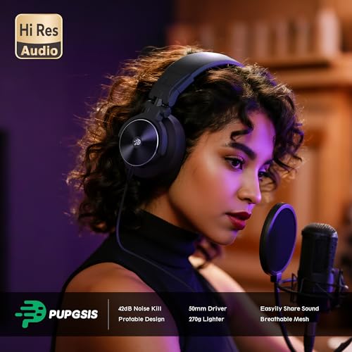 Image of PUPGSIS Over Ear Wired Headphones: Studio Monitor - Professional 40kHz Hi-Res DJ Stereo Headphones - 1 /4 to 3.5mm Audio Jack for Recording /Mixing /Podcast /Guitar /Piano, Carbon black