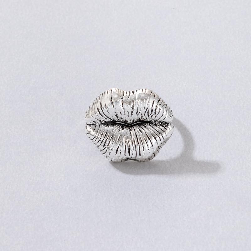 ZDIFDIC Unique Lip Shaped Statement Ring for Women Girls Red Silver Exaggerated Chunky Red Big Mouth Lipstick Kiss Funny Cute Small Lip Shape Promise Finger Ring(Silver), R-22924-PS2