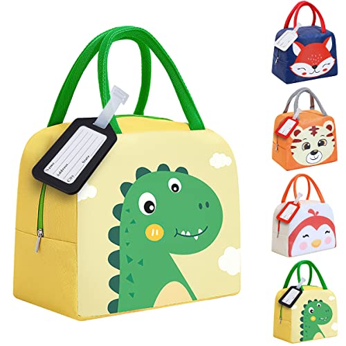 Bolsa de Almuerzo Niña Niño, ACTOYS Bolso de picnic Refrigerador Comida, Lunch Bag, Bolsa Nevera Pequeña Almuerzo Dinosaurios con Nombre, Bolsa Bento con Etiqueta de Nombre (Dinosaurio Amarillo) Cover