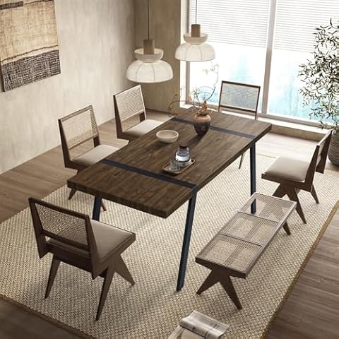 Comfy to go Dining Table for 6 Seat, Mid Century Modern Light Walnut Wood Color Rectangular Dining Table for Living Room Kitchen with Metal Frame 71" x 32" x 30" Inches Cover