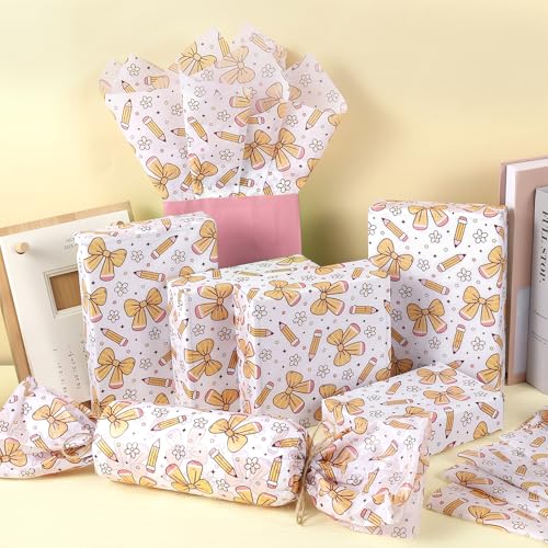 100 Sheets Bow and Pencil Tissue Paper, Pencil Daisy Patterns Wrapping Tissue for Back to School Activities DIY Crafts Preschool Classroom Gift Flower Wrapping Supplies, 13.8 x 19.7 Inch by Fabllewavi - Used condition - Image 5