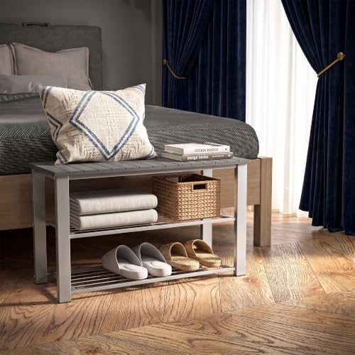 Image of Simple Houseware Wood Top Shoe Storage Bench for Entryway, Grey