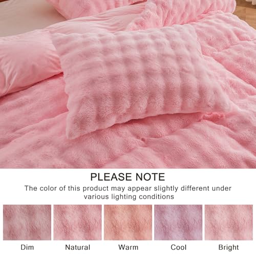 Image of EMME Faux Fur Duvet Cover Twin Size, 2 Pieces Ultra Soft Fluffy Comforter Cover, Cozy Warm for Winter, Luxury Elegant Shaggy Bubble Design Bedding, 1 Duvet Cover & 1 Pillow Shams (Twin, Pink)