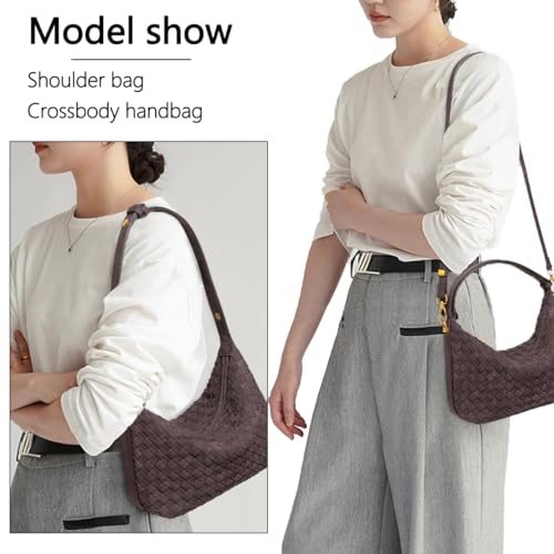Suede Shoulder Bag for Women Retro Crescent Woven Hobo Purses Slouchy Crossbody Handbag with Adjustable Strap2