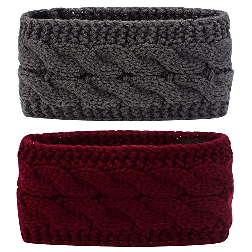 FASOTY Women Winter Warm Headband Soft Stretch Fuzzy Fleece Lined Thick Cable Knit Head Wrap Ear Warmer Headband (Dark Grey+Wine Red)