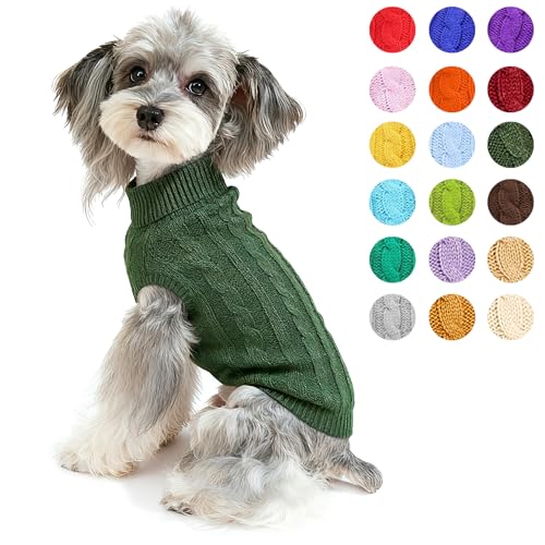 Image of Dog Sweater Soft Warm Turtleneck Knitted Clothes for Small Medium Large Pet | Comfy Wool Knit, Turtleneck & Classic Design, Easy on /off, Warm Winter Girls Boys Dogs Christmas Sweaters, Wood Green, XXS