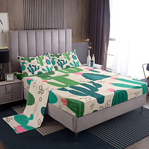 Manfei Cactus Sheet Set Full Size Tropical Plants Bed Sheet Set 4Pcs With Deep Pocket Fitted Sheet + Flat Sheet + 2 Pillowcases Green Cactus And Pink Flower Print Bedding Set For Kids Boys Girls #TOP17