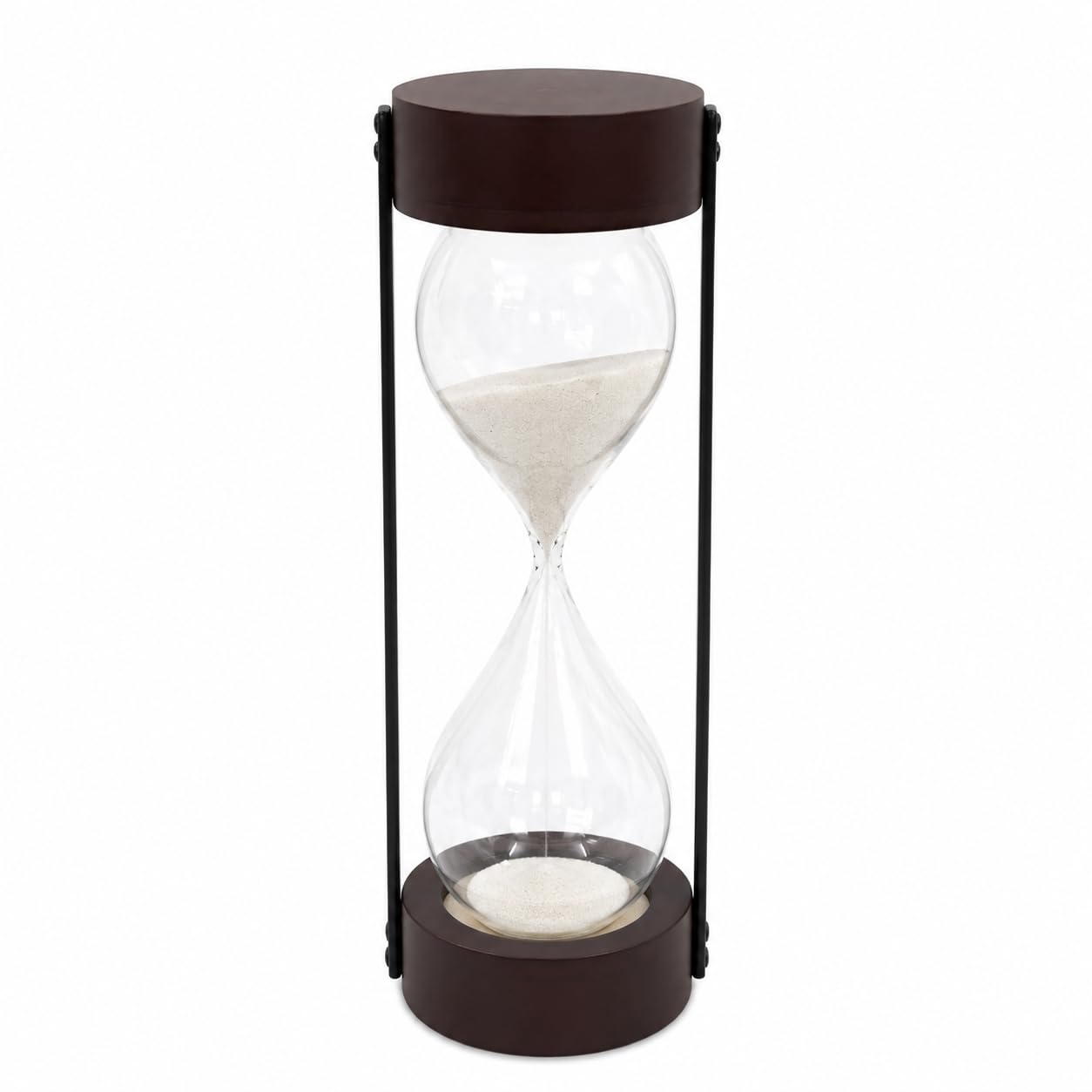 Temporizador de arena de madera de caoba oscura de lujo, reloj de arena blanco grande con pilares de metal negro mate para escritorio de oficina ejecutiva, decoración de mesa y meditación (marrón 3.5