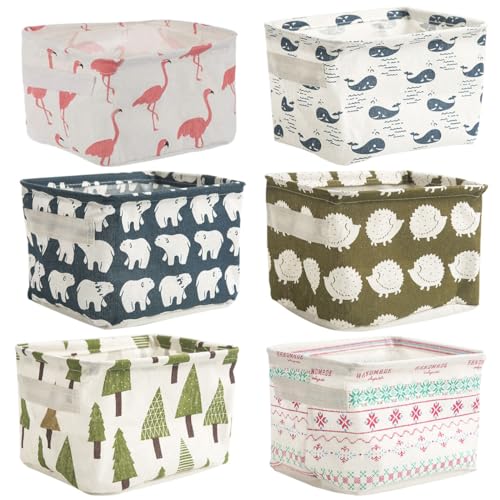 Ewanda store 6 Pcs Canvas Storage Bins Baskets Cartoon Storage Box Small Foldable Storage Baskets with Handles for Bathroom Nursery Kids Toys Home Office