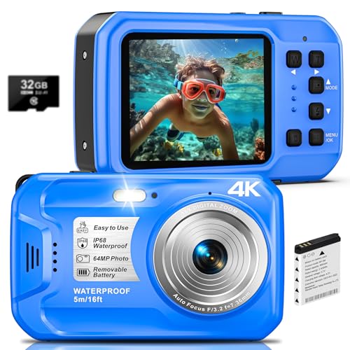 Portable 4K 64MP Snorkel Camera, 16FT IP68 Floating Waterproof Digital Camera Autofocus IPS Screen 16X Zoom, Equipped with 32GB Memory Card for Water Sports Travel Camping by Yifecial - Used condition - US$38.40