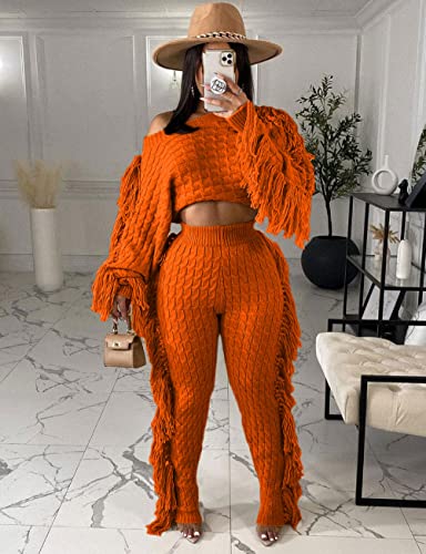 Image of KANSOON 2 Piece Sweater Set for Women Cable Knit Fringe Crop Top and Pants | Cozy feel, ribbed high waist, comfortable stretch fit for birthday and chilly going-out outfits
