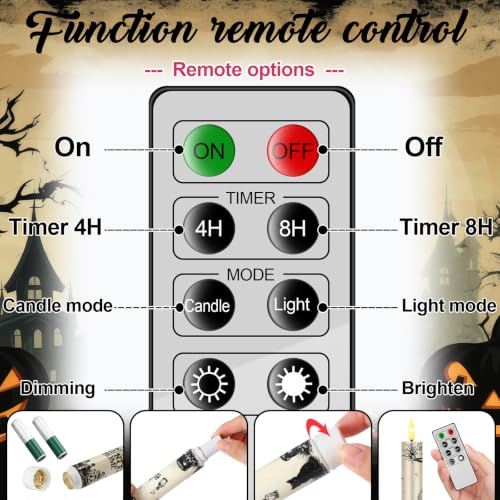 Image of Aurelema 6 Pcs Halloween LED Flameless Candle Set Vintage Gothic Taper Candles Battery Operated with Remote Skull Candles Raven Pumpkin Decorations for Home Halloween Party Favors Spooky Season Decor