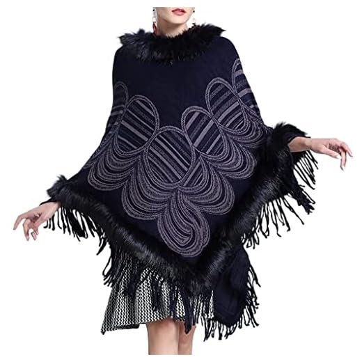 Kvinnor vinter lång triangel lös pullover plus storlek runda mönster tröja sjal stickad poncho cape shawl scarf YATBzz (Color : Navy, Size : L)