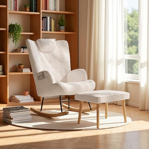 Yeutre - Sillón mecedora con taburete, silla de pie con reposacabezas y bolsillo lateral, Rocking Chair Interior, sillón de lactancia de tela Teddy para salón, dormitorio (blanco + taburette)