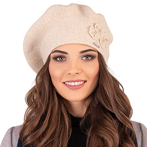 VIVISENCE Damen Baskenmütze Eleganter Wintermütze Warm Und Gemütlich Kopfbedeckung An Winter Und Herbst Warm Dick Strickmütze, Klassisch Mütze Für Frauen, Hergestellt In EU, Beige Cover