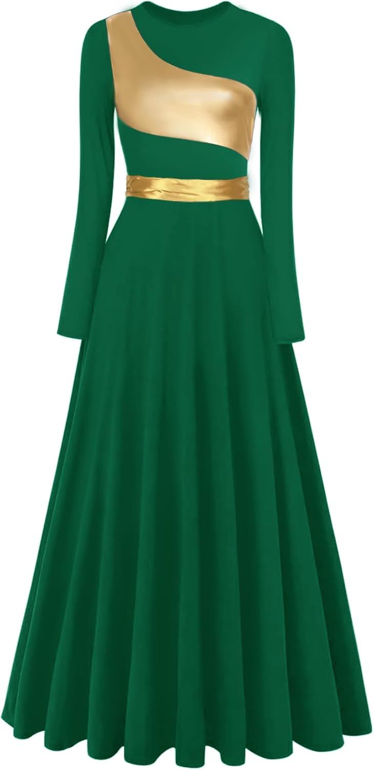 Women's Praise Dance Dress Long Sleeve Metallic Liturgical Worship Lyrical Dance Costume Church Robe