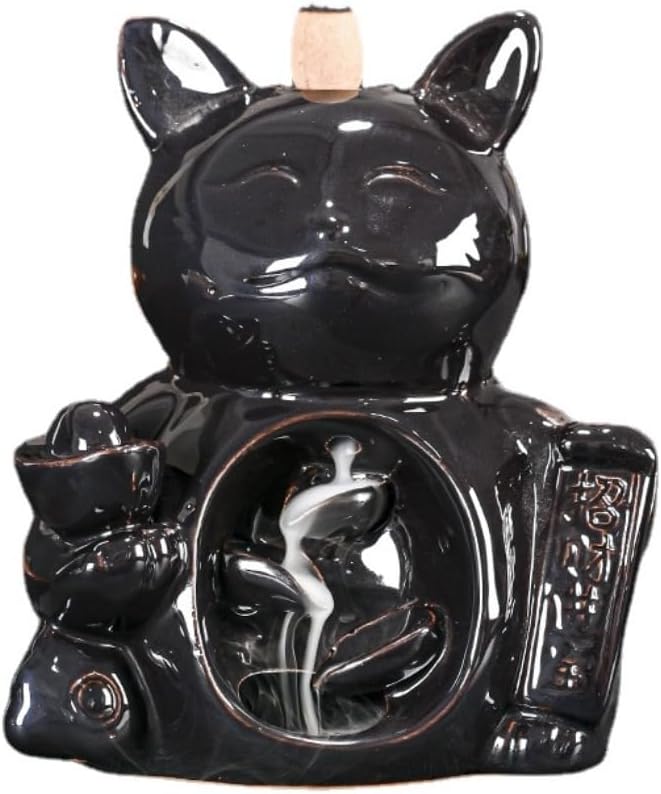 Creative Wealth Cat Backflow Incense Burner,Ceramic Ornaments Smoke Incense Holder for Office Desktop Decoration Crafts (Blue)