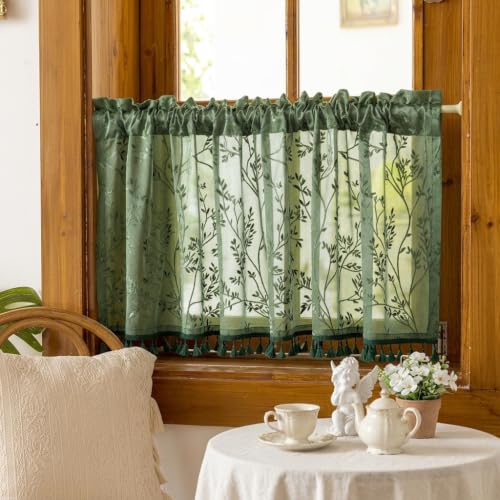 Image of HASTHIP Boho Tassels Window Valance Floral Farmhouse Kitchen Curtain