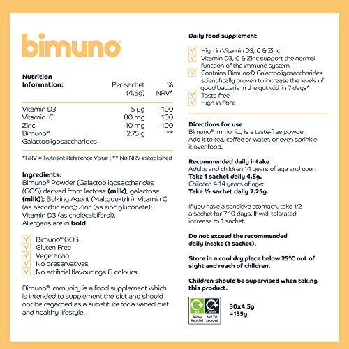 Bimuno Immunity Food Supplement | Multivitamin Prebiotic For Women, Men & Kids | Immune System Support With Vitamin D3, C & Zinc | Vegetarian, Gluten Free, Halal, Kosher | 1 Pack (30 Sticks) (.) #TOP7