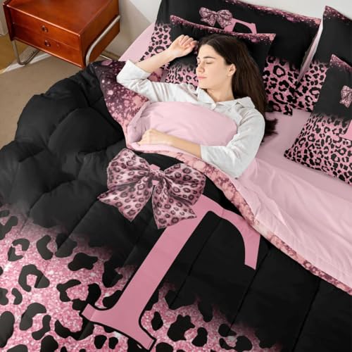 Image of Feelyou Pink Leopard Bow Comforter Set with Sheets 7 Piece Queen Size Initial Letter T Bedding Set for Kids Boys Girls Girly Bowknot Bed in a Bag Room Decor Soft Lightweight Microfiber