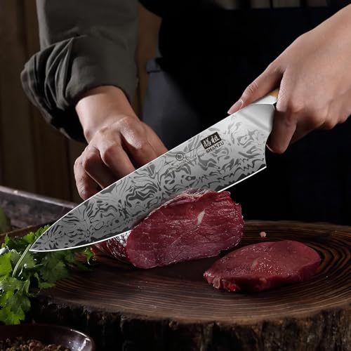 SHAN ZU Damast Küchenmesser Kochmesser, Japanisches Damastmesser aus SG2-Pulverstahl, Handgeschmiedetes Chefmesser aus 91 Schichten Damaststahl, 20CM Profi messer und Ahorngriff – WHITE TIGER Series