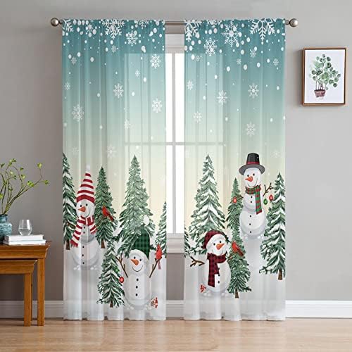 Christmas Snowman Sheer Curtains 63 Inch Length 2 Panels for Living Room, Teal Ombre Xmas Tree Volie Sheer Curtain with Rod Pocket, Merry Christmas Snowflake Window Treatment Drapes for Bedroom/Kithen