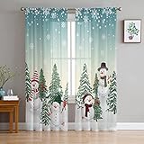 Christmas Snowman Sheer Curtains 63 Inch Length 2 Panels for Living Room, Teal Ombre Xmas Tree Volie