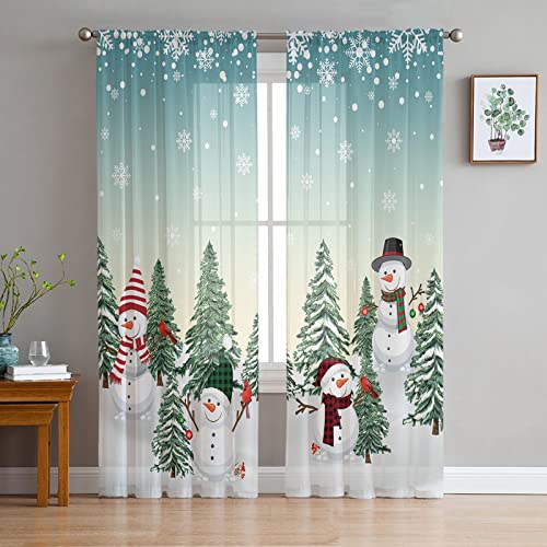 Christmas Snowman Sheer Curtains 63 Inch Length 2 Panels For Living Room, Teal Ombre Xmas Tree Volie Sheer Curtain With Rod Pocket, Merry Christmas Snowflake Window Treatment Drapes For Bedroom/Kithen #TOP3
