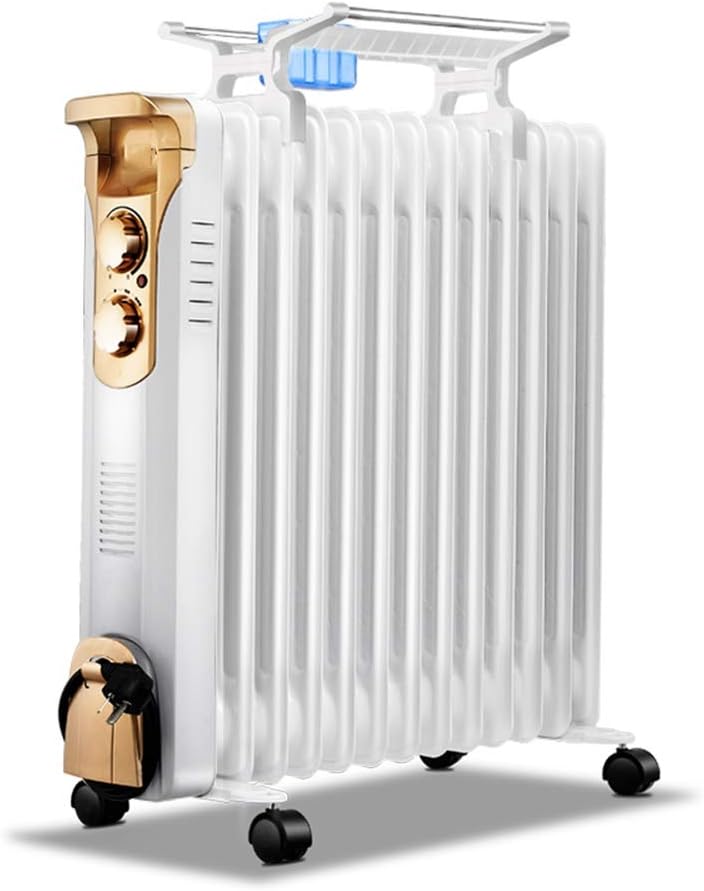 Three-Speed Adjustment Oil Filled Heater Fast Heating Intelligent Constant Temperature Radiant Heater with Drying Rack Universal Caster for Bathroom Bedroom Gold