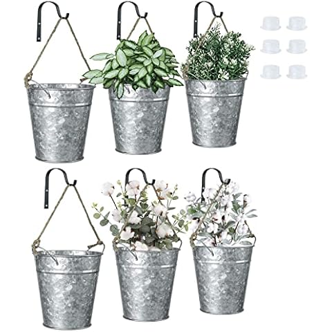 JIAYUAN Galvanized Metal Wall Planter Outdoor Farmhouse Decor Hanging Planters with Hole Indoor Rustic Buckets Flower Vase Succulent Herbs Pots Set of 6 Cover