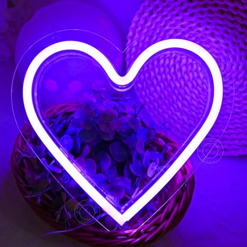 Image of SYLHOME Purple Heart Led Neon Light Sign Battery Operated or USB Powered Bedroom Wedding Wall Sign Decor Valentines Day Christmas Birthday Gifts USB 7.87 inch X 7.28 inch