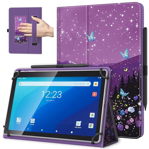 TiMOVO Universal Hülle für 10,1 Zoll Android Tablet mit Stiftschlaufe, Leichtes und Faltbares Standhülle mit Handschlaufe für Alle 9,6-11 Zoll Touchscreen-Tabletten, Schmetterling und Sternenhimmel