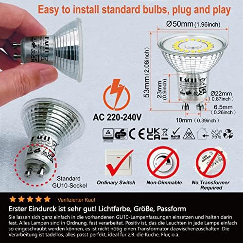EACLL GU10 LED Bulb Cool White 4.8 Watts Equivalent 75W Halogen, Pack of 4, 710 Lumens 6000 Kelvin, AC 230V No Flicker Spot Light, Wide Beam 120 Degrees, Non-Dimmable Energy Saving Reflector Lamp