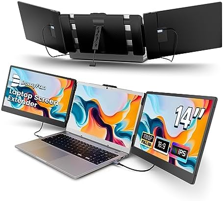 domyfan 14" Laptop Screen Extender, FHD 1080P IPS Triple Portable Monitor for Laptop, HDMI/USB-A/Type-C for Windows, Mac, Android, Chrome, Switch & PS5, Work with 13.3”-17” Laptops