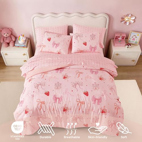 Image of BLOOMHAVEN Full Size Comforter Sets for Girls, 7 Pieces Pink Bedding Set with Strawberry Bow, All Seasons Kids Bed in a Bag with Sheets, Pillowcases & Shams